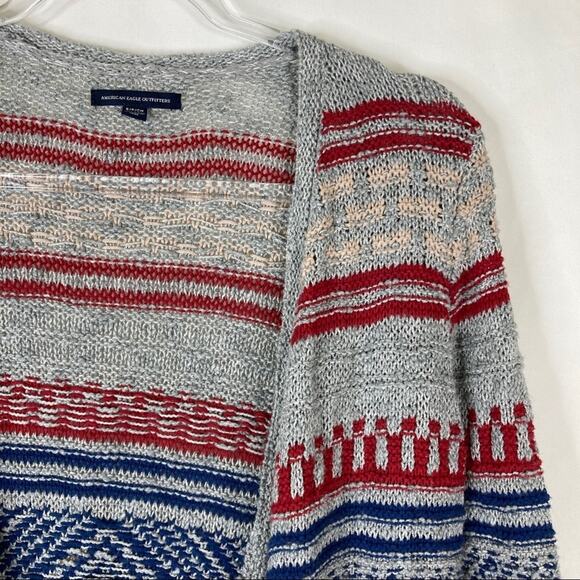 3/$30 American Eagle | Blue Red Gray Cardigan Sweater Open Front Stripe Fringe S - Picture 3 of 6